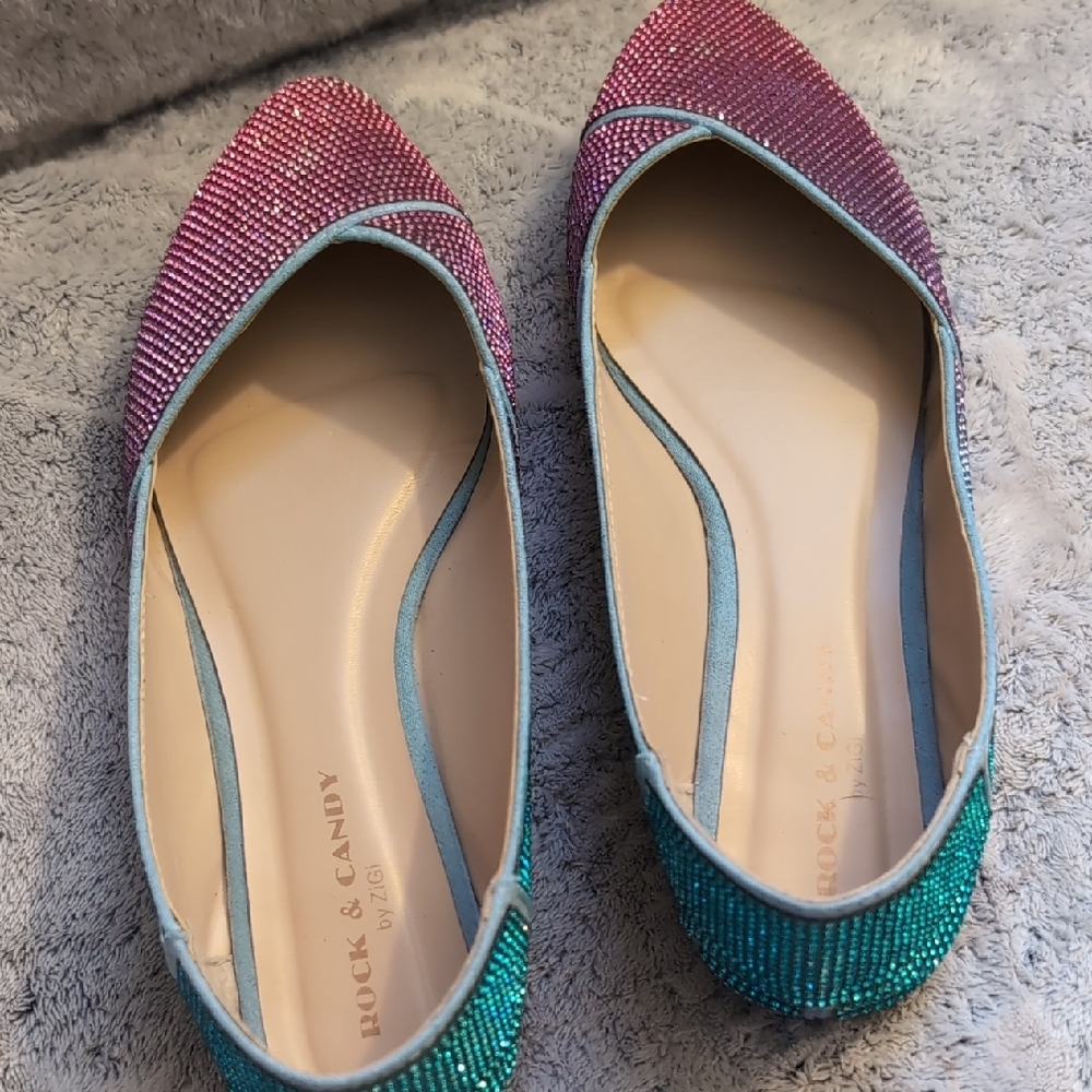 Rock & Candy Women's Glitter Slip-On Flats in Pink and Teal - Picture 3 of 5